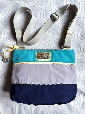 Brighton Nylon “Cadence” Crossbody Bag Yellow Trim Blue Gray Teal Colorblock NWT